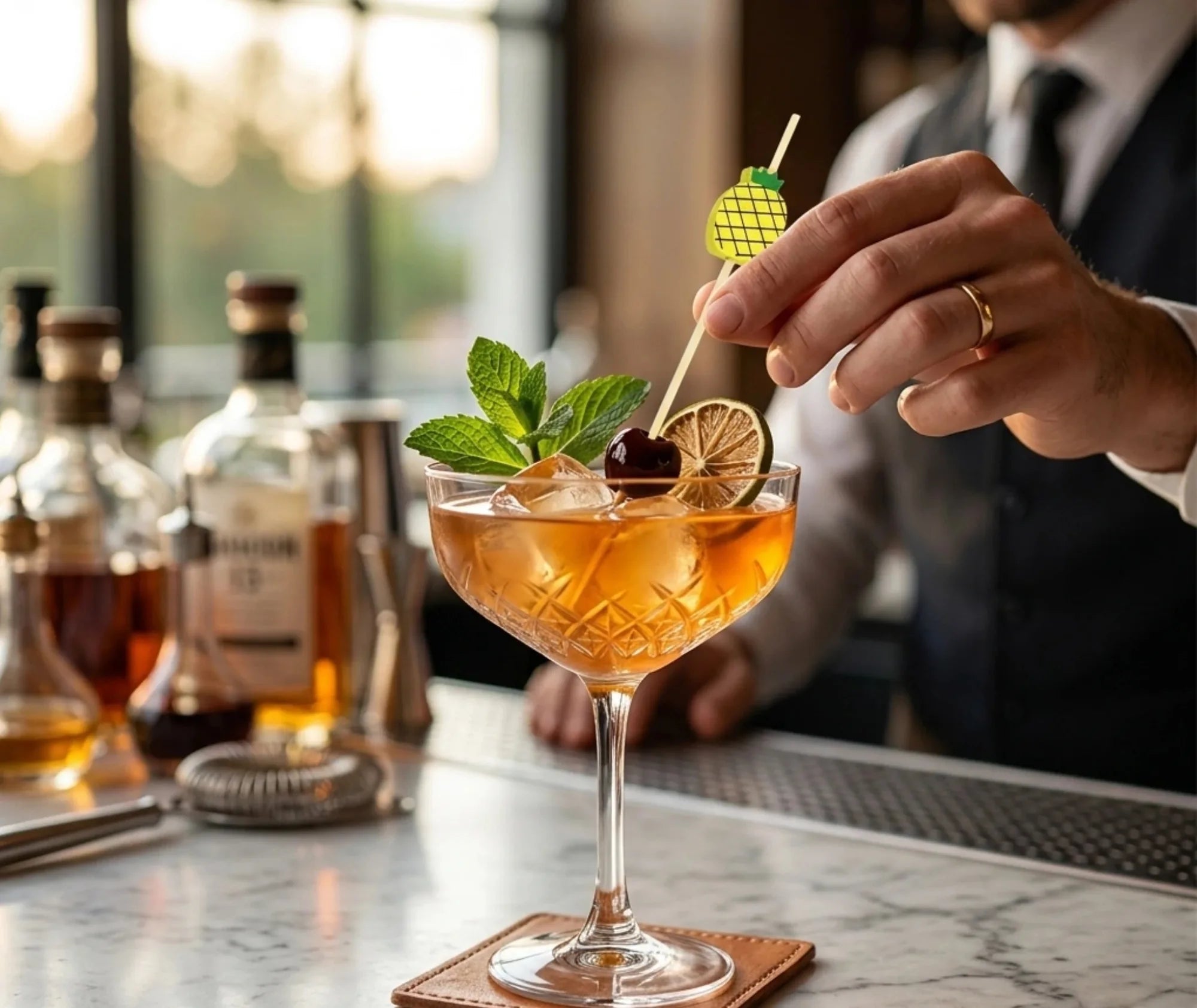 Barman plaçant un pic à cocktail ananas dans un cocktail ambré garni de menthe, cerise et citron vert