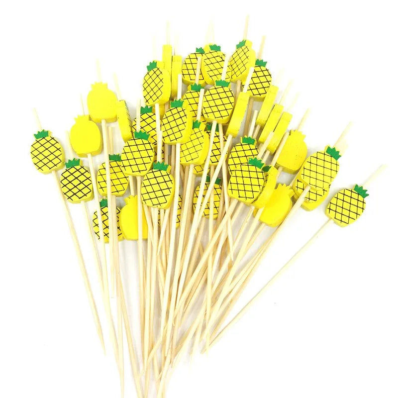 Lot de 100 pics à cocktail en forme d'ananas en bois, présentés en éventail