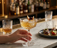 Pique à cocktail doré posé sur un verre tenu à la main, avec assiette d'amuse-bouches au bar en arrière-plan.