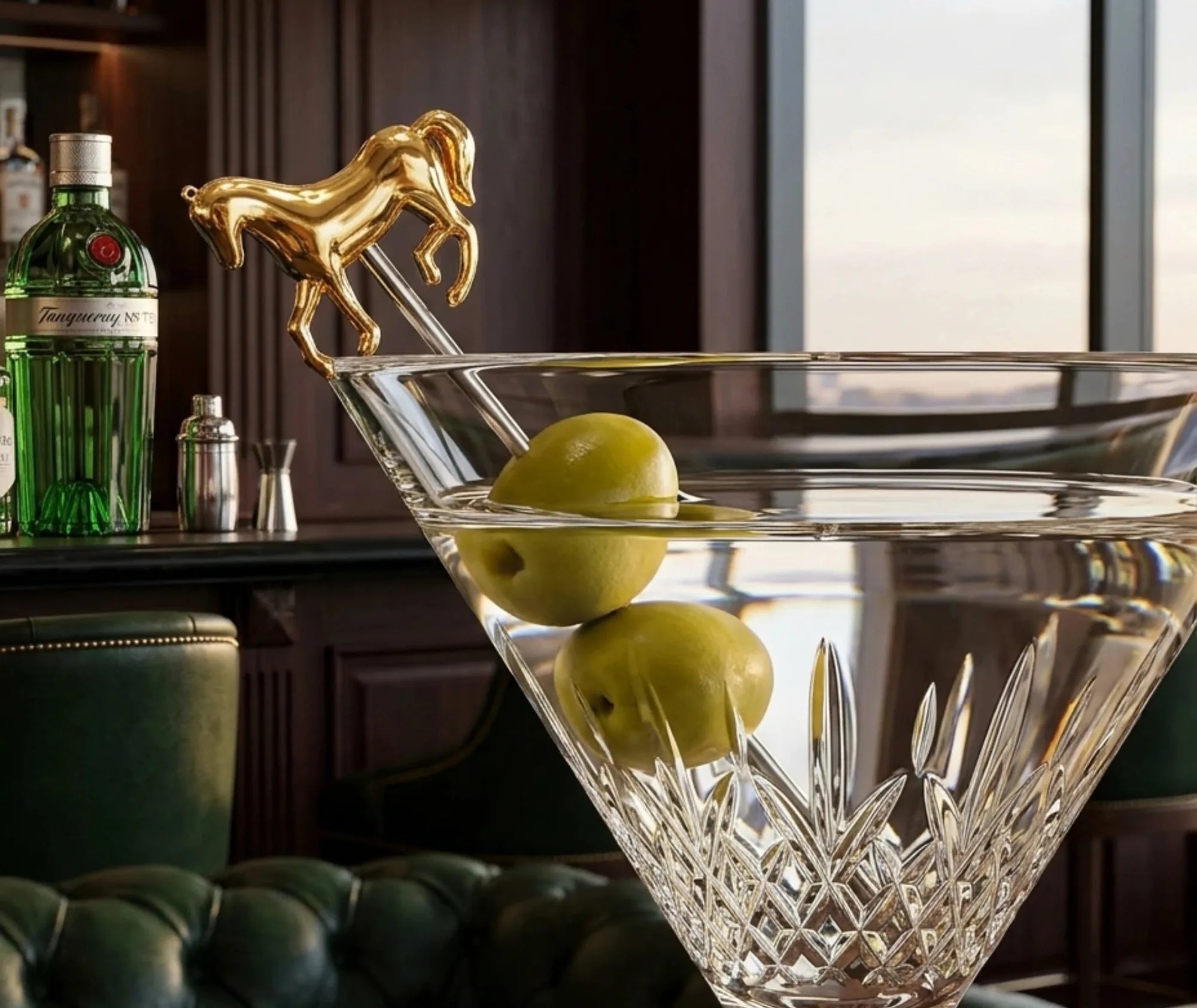 Pic à cocktail cheval doré posé en équilibre sur un verre à martini garni d'olives vertes, dans une ambiance de bar chic en bois sombre
