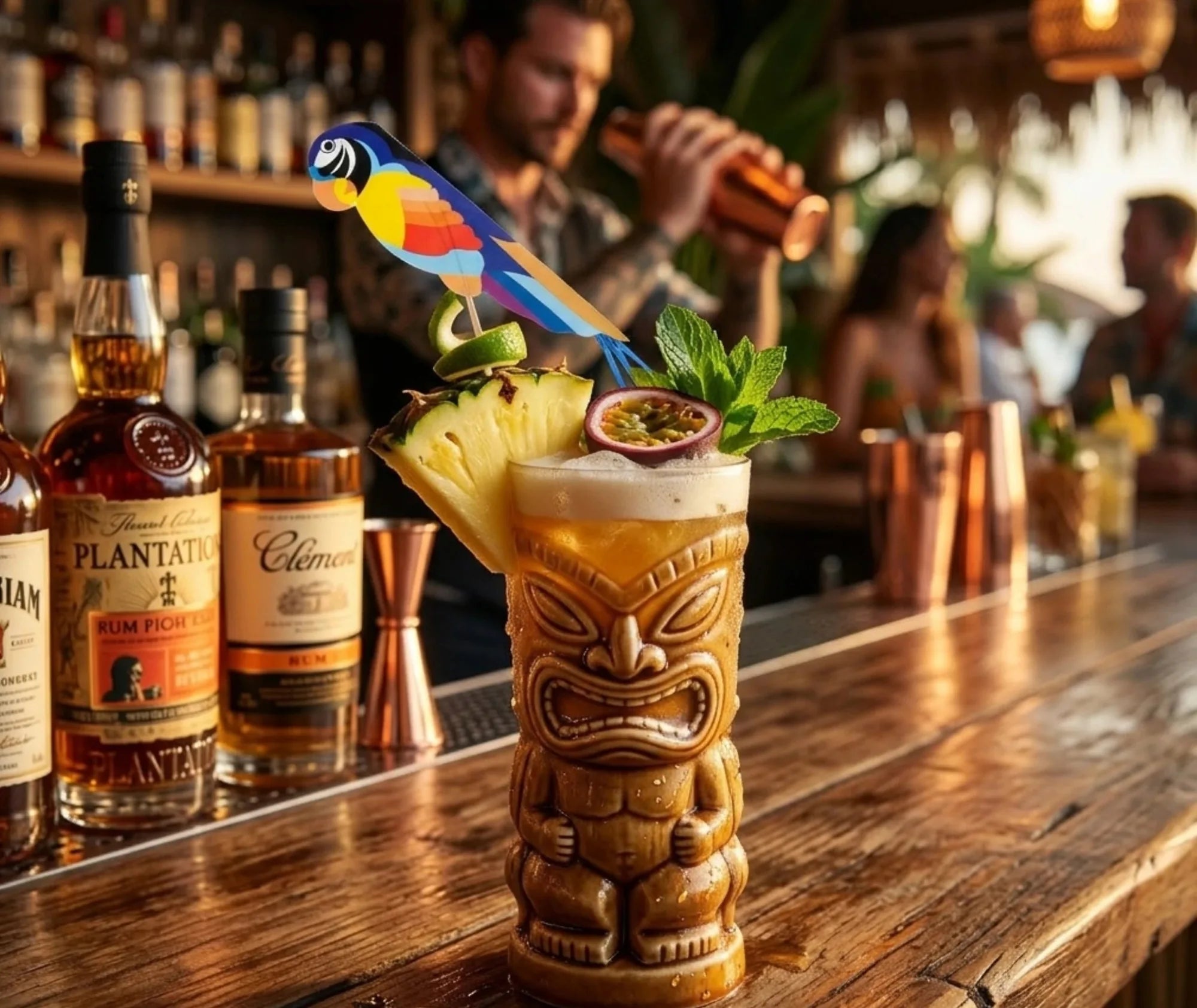 Pic à cocktail perroquet planté dans un cocktail tropical servi dans un mug tiki, ambiance bar