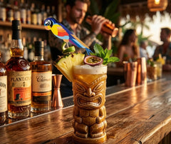 Pic à cocktail perroquet planté dans un cocktail tropical servi dans un mug tiki, ambiance bar