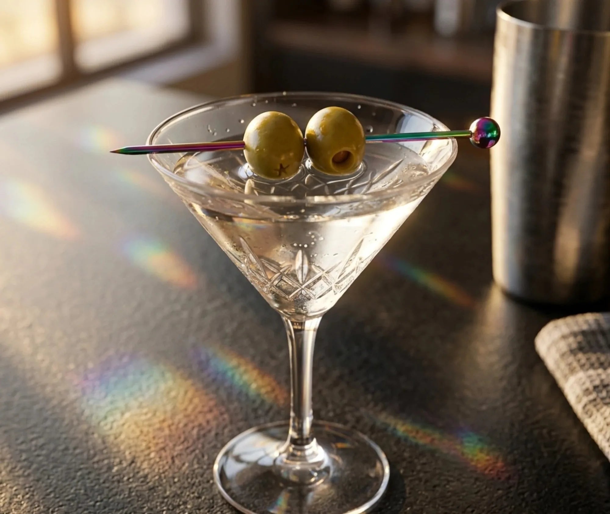 Gros plan sur un pic à cocktail irisé avec deux olives dans une coupe à martini en cristal, reflets arc-en-ciel sur le comptoir.