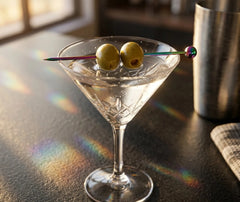 Gros plan sur un pic à cocktail irisé avec deux olives dans une coupe à martini en cristal, reflets arc-en-ciel sur le comptoir.