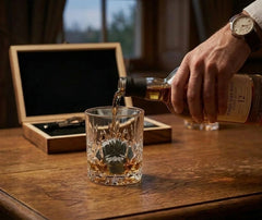 Service d'un whisky dans un verre en cristal avec pierre à whisky, coffret en bois en arrière-plan