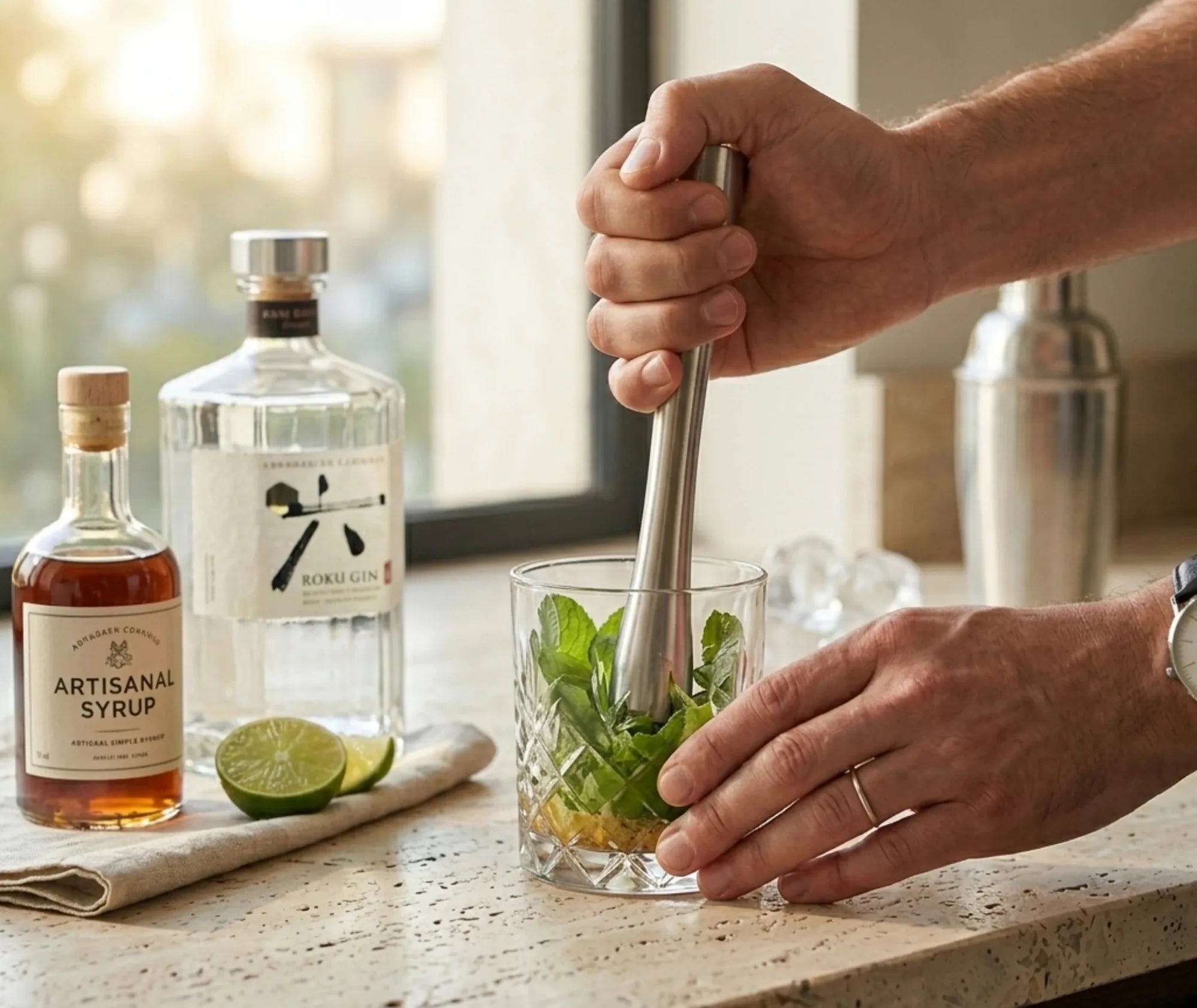 Un homme pile des feuilles de menthe avec le pilon inox dans un verre, entouré de gin Roku et de sirop artisanal, dans une cuisine lumineuse.