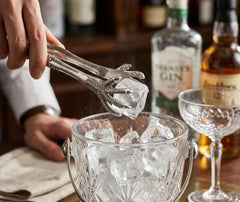 Main tenant la pince serres d'aigle et déposant un glaçon dans un seau, bouteilles de gin en arrière-plan de bar