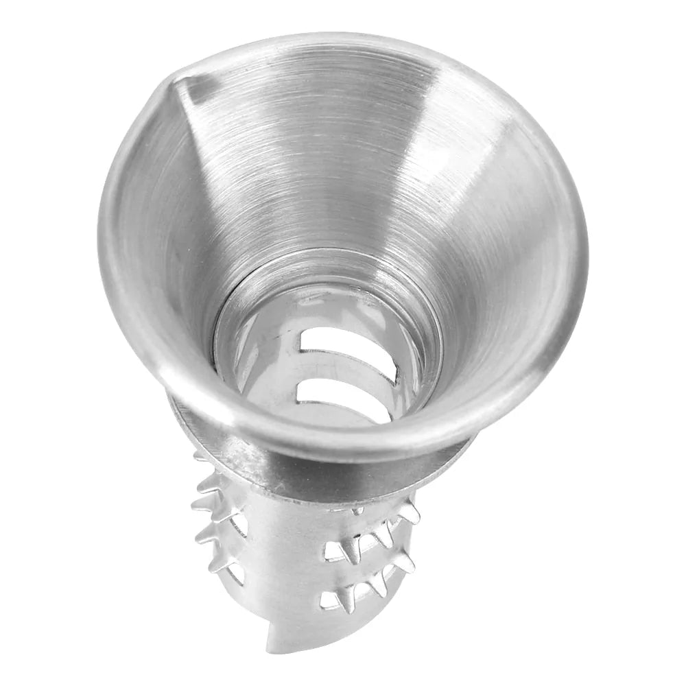 Presse-agrume à main en inox vu de dessus sur fond blanc, avec son cône strié et ses dents perforantes