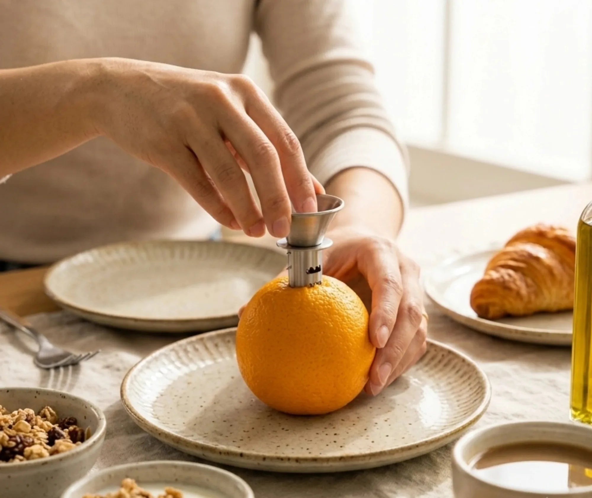 Une main insère le presse-agrume à main dans une orange, posée sur une table de petit-déjeuner avec croissant et café