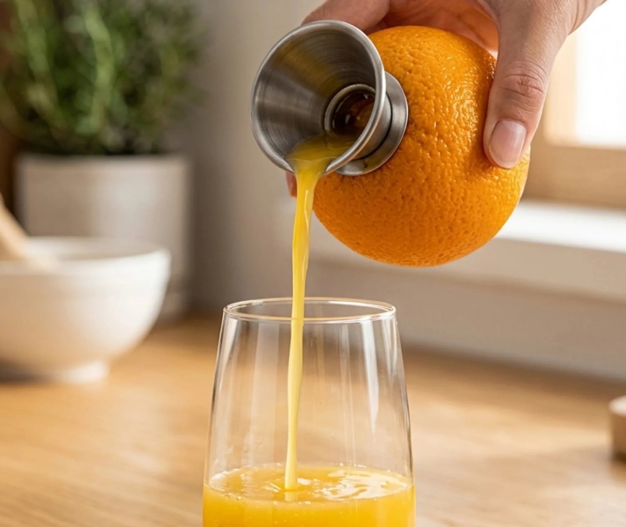 Jus d'orange fraîchement pressé qui coule du presse-agrume à main directement dans un verre, dans une cuisine avec une plante en arrière-plan