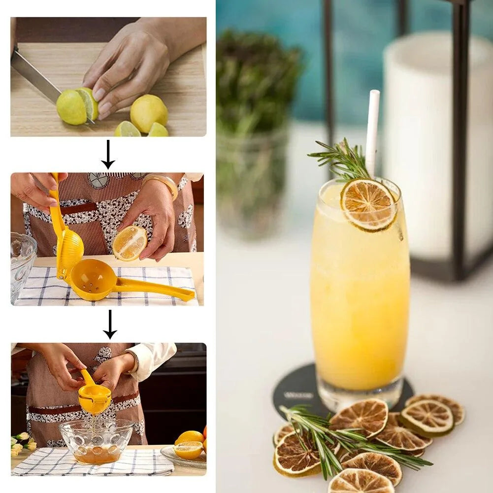 Collage montrant les étapes d'utilisation du presse-citron (découpe, pressage, versement) à côté d'un cocktail décoré d'agrumes séchés.