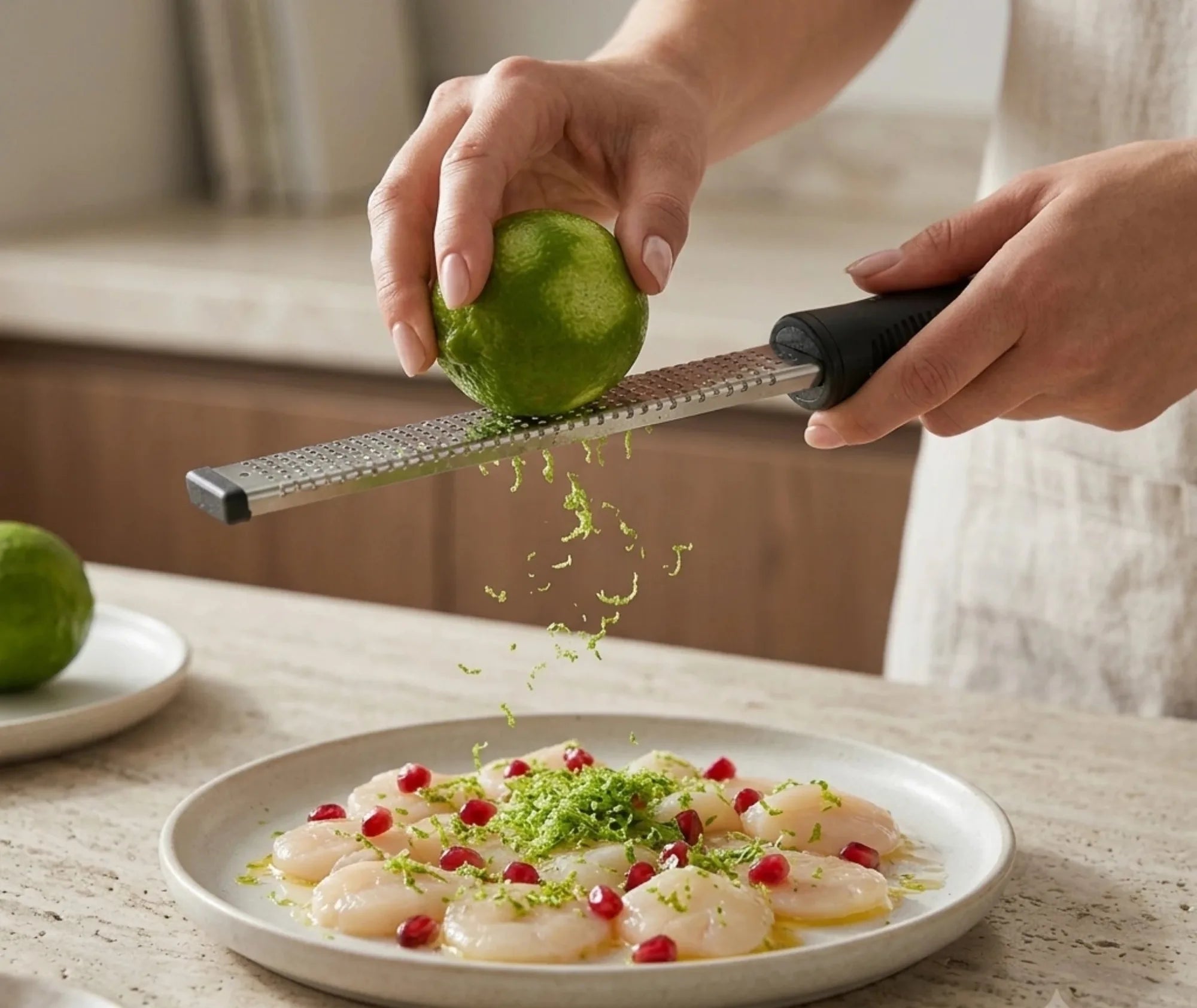 Zestage d'un citron vert sur un carpaccio de saint-jacques garni de grenade, préparation raffinée en cuisine