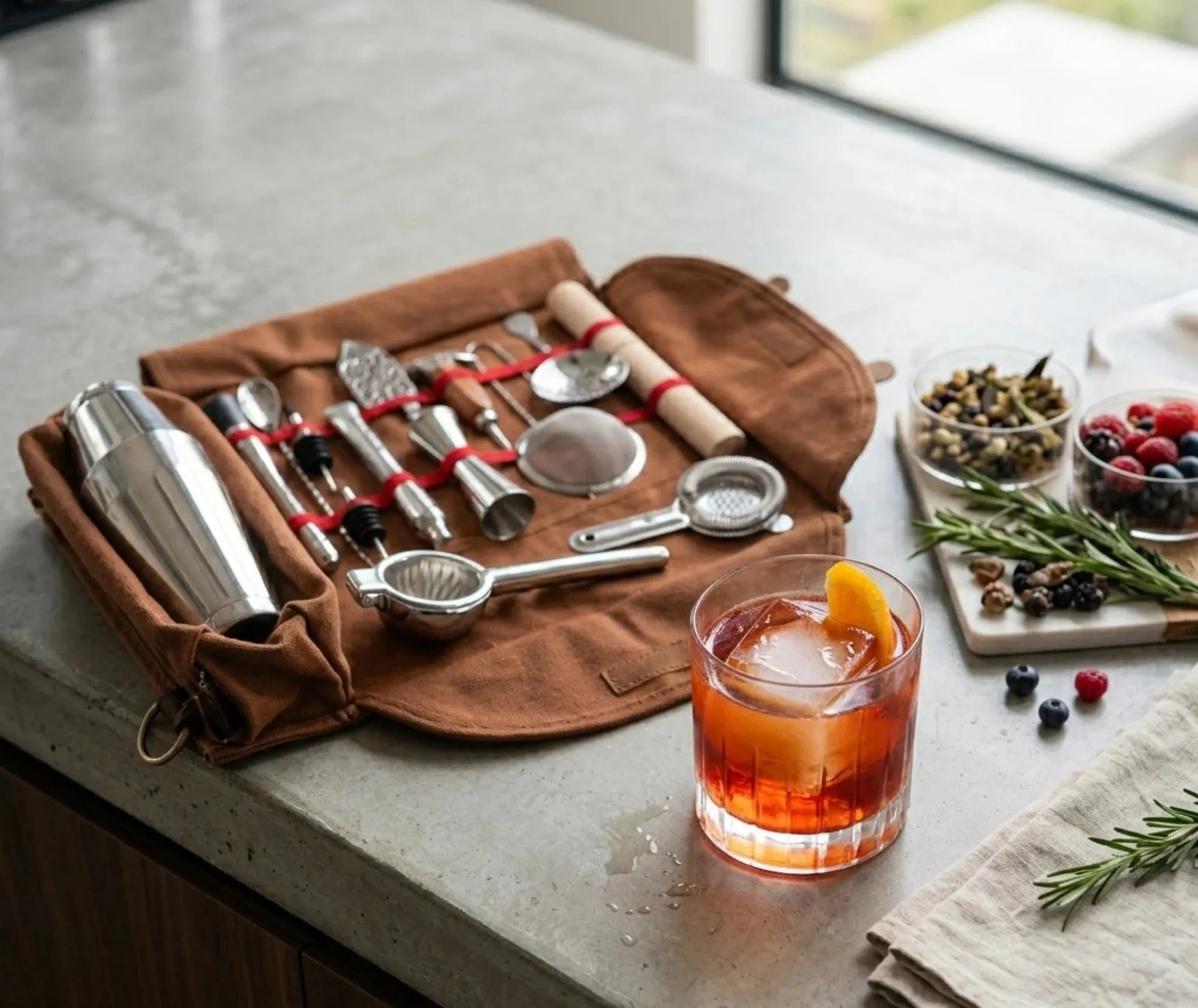 Trousse à outils de bar ouverte sur un plan de travail avec un cocktail Negroni, des fruits rouges et du romarin en arrière-plan