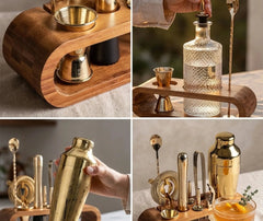 Collage de quatre photos détaillant le doseur logé dans le support en bois, le versement d'une carafe dans le doseur, la prise en main du shaker doré et le set complet servi avec un cocktail garni d'agrumes