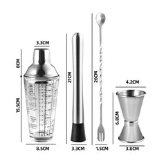 Schéma avec les dimensions en centimètres de chaque accessoire du set barman cocktail : shaker doseur, tige de mélange, cuillère torsadée et double doseur