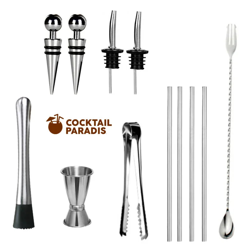 Collage détaillé des accessoires du kit : bouchons verseurs, pailles en inox, pilon et doseur à cocktail.