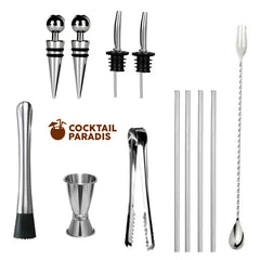 Collage détaillé des accessoires du kit : bouchons verseurs, pailles en inox, pilon et doseur à cocktail.