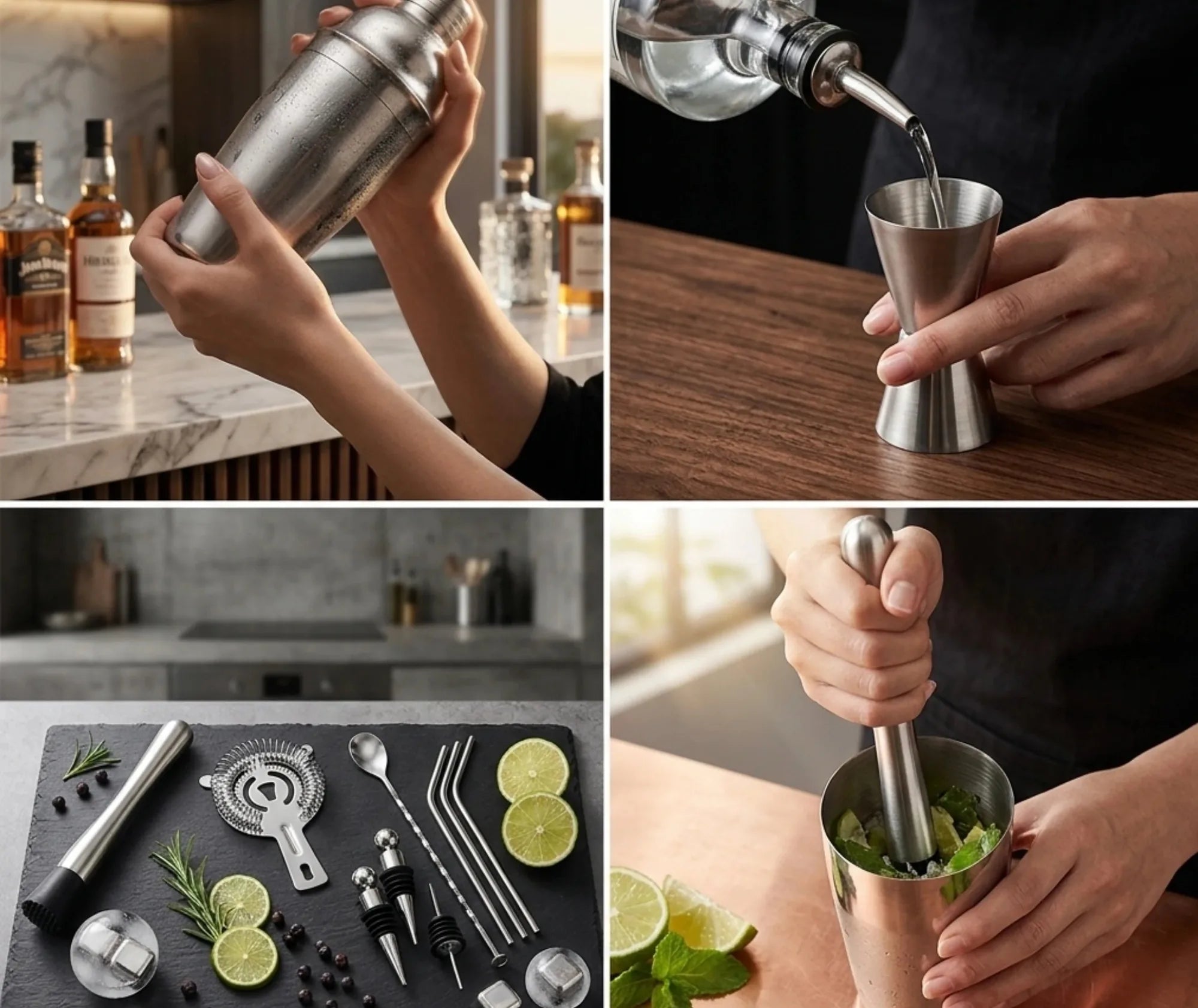 Collage de quatre photos montrant le set cocktail professionnel en situation : shaker agité à la main, doseur rempli, pilon écrasant la menthe et accessoires disposés sur une ardoise avec citrons verts.
