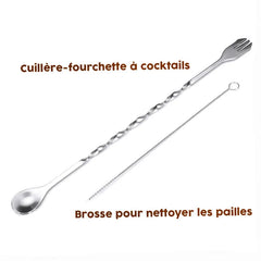 Cuillère-fourchette à cocktails torsadée et brosse de nettoyage pour pailles inclus dans le set cocktail professionnel.