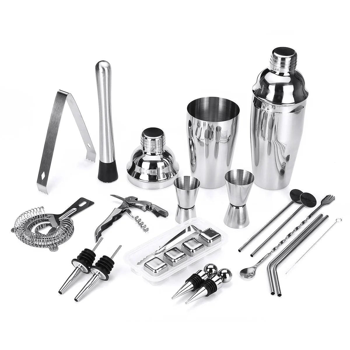 Ensemble complet du kit cocktail professionnel en inox : shaker, doseurs, pince, pilon, passoire, tire-bouchon, verseurs, glaçons réutilisables, pailles et cuillère.