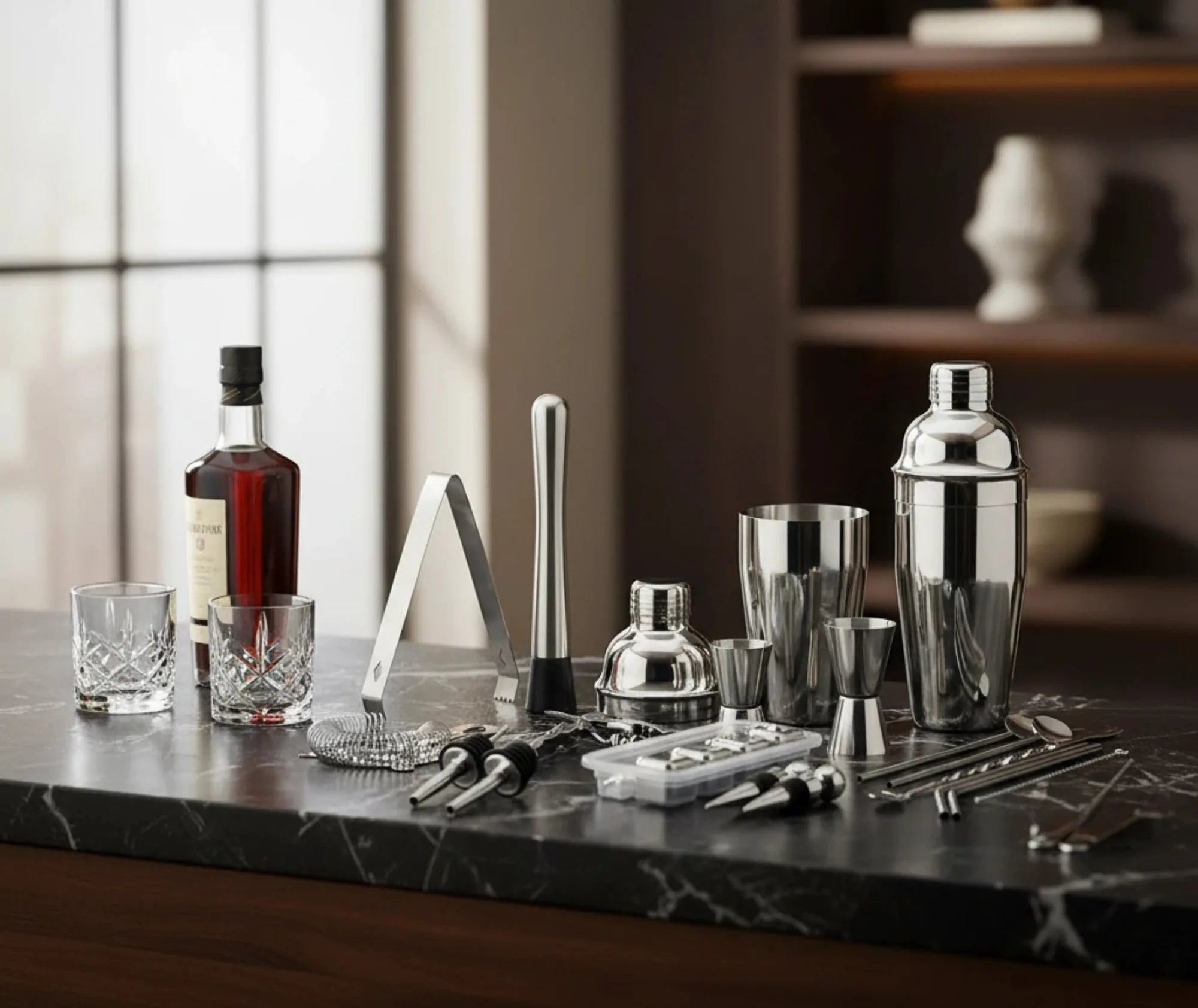 Set cocktail professionnel complet disposé sur un comptoir en marbre avec une bouteille de whisky et deux verres à dégustation.