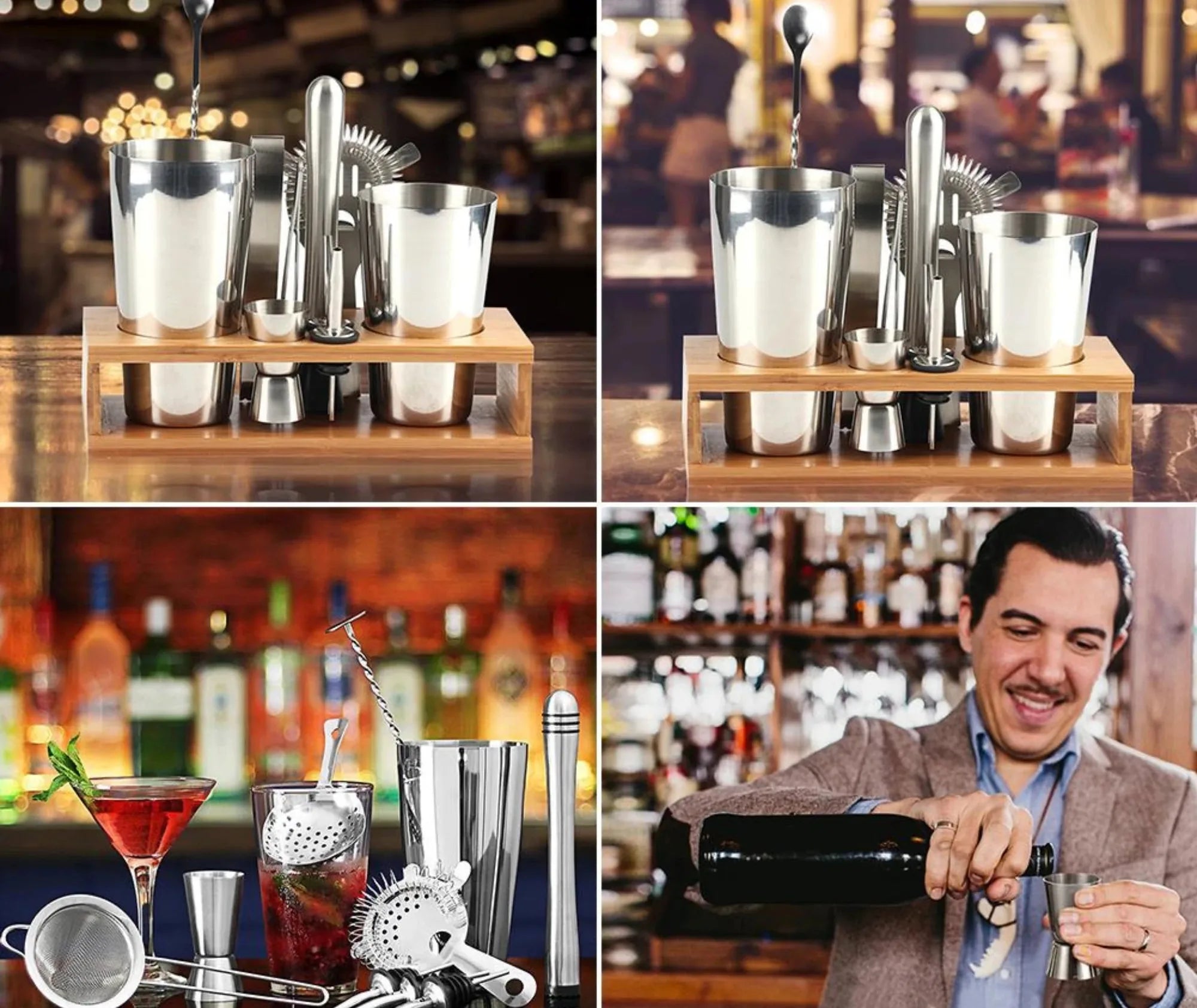 Collage d'ambiance bar montrant le set cocktail utilisé pour préparer et servir des cocktails