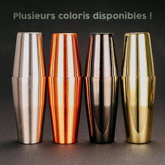 Visuel marketing présentant les quatre coloris disponibles du shaker Boston : argenté, cuivré, noir et doré, avec la mention Plusieurs coloris disponibles.