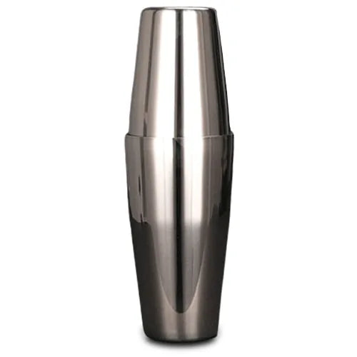 Shaker Boston en inox argenté poli, vue complète assemblée sur fond blanc.