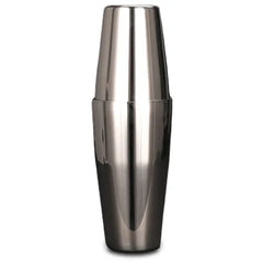 Shaker Boston en inox argenté poli, vue complète assemblée sur fond blanc.