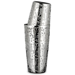 Photo packshot du shaker Boston Décoré assemblé sur fond blanc, montrant le motif floral gravé sur l'inox brillant.