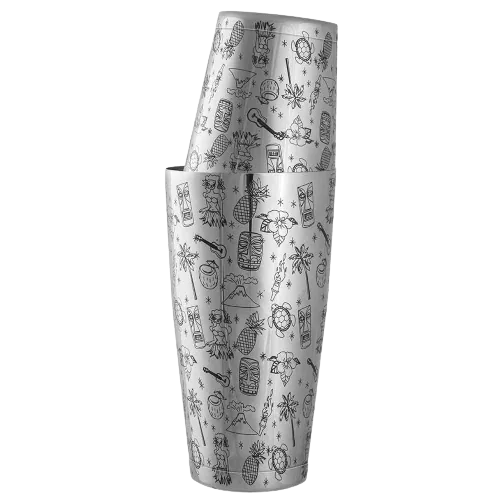 Shaker Boston Gravé en inox avec motif tiki hawaïen gravé (têtes tiki, palmiers, ananas, fleurs) sur les deux gobelets