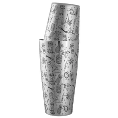Shaker Boston Gravé en inox avec motif tiki hawaïen gravé (têtes tiki, palmiers, ananas, fleurs) sur les deux gobelets