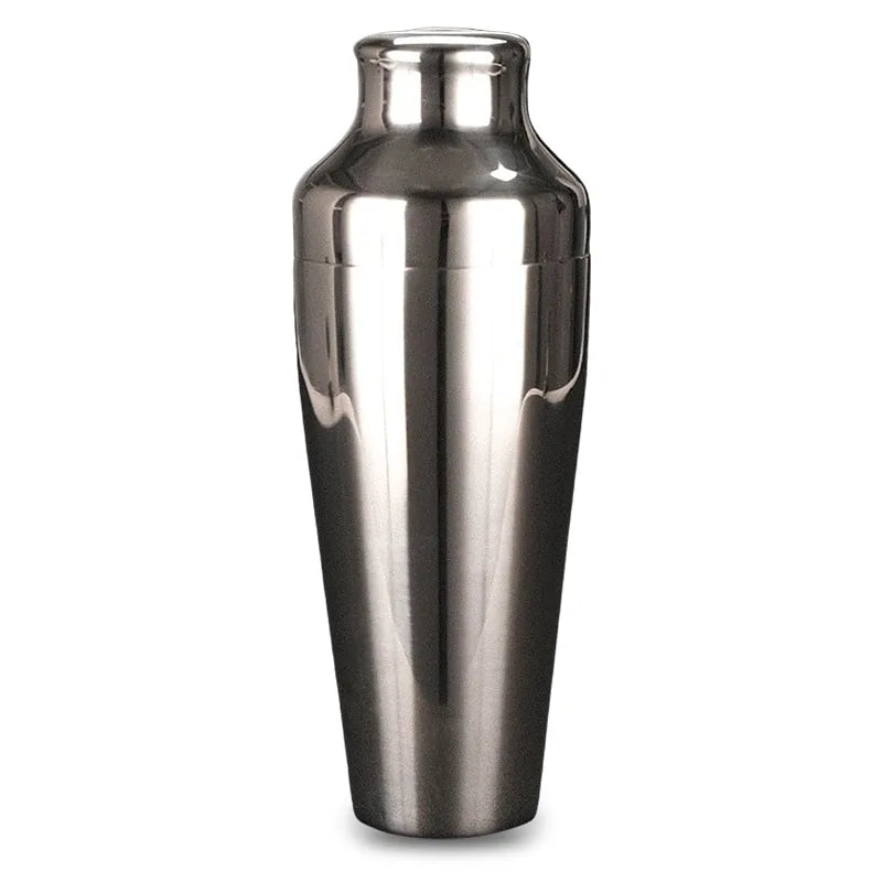 Shaker à cocktail en inox argenté, packshot de face sur fond blanc.