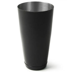 Shaker cocktail Boston noir mat vu de face avec son verre en cristal emboîté droit sur le gobelet en acier inoxydable.