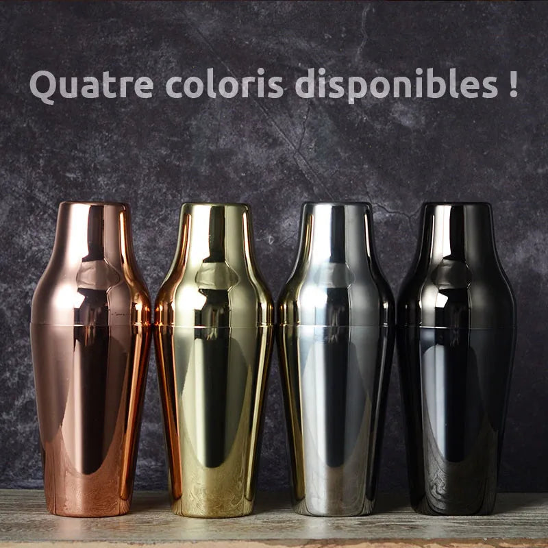 Collage présentant les quatre coloris disponibles du shaker cocktail : cuivré, doré, argenté et noir
