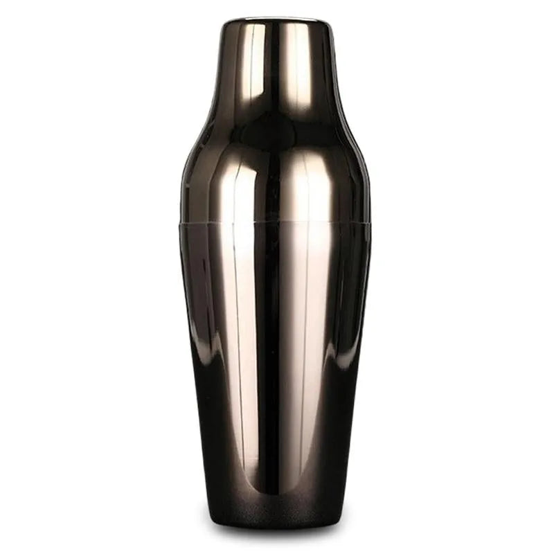 Shaker cocktail design noir complet et assemblé, photographié sur fond blanc.