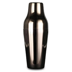 Shaker cocktail design noir complet et assemblé, photographié sur fond blanc.