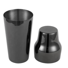 Shaker cocktail design noir présenté en deux parties séparées : le gobelet et son bouchon verseur.