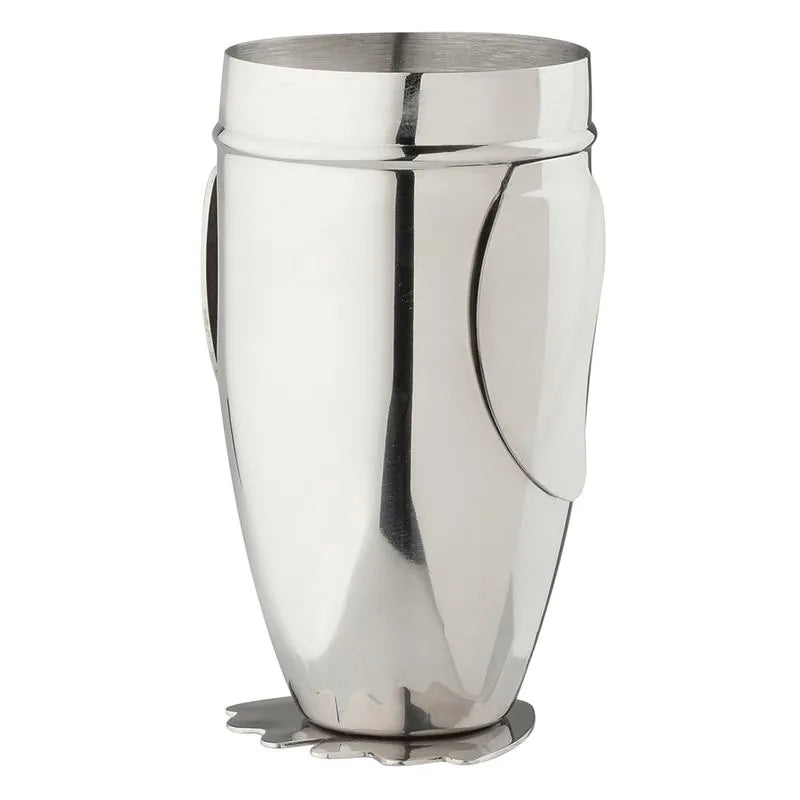 Corps et base du shaker pingouin montrant les pieds palmés en inox poli.