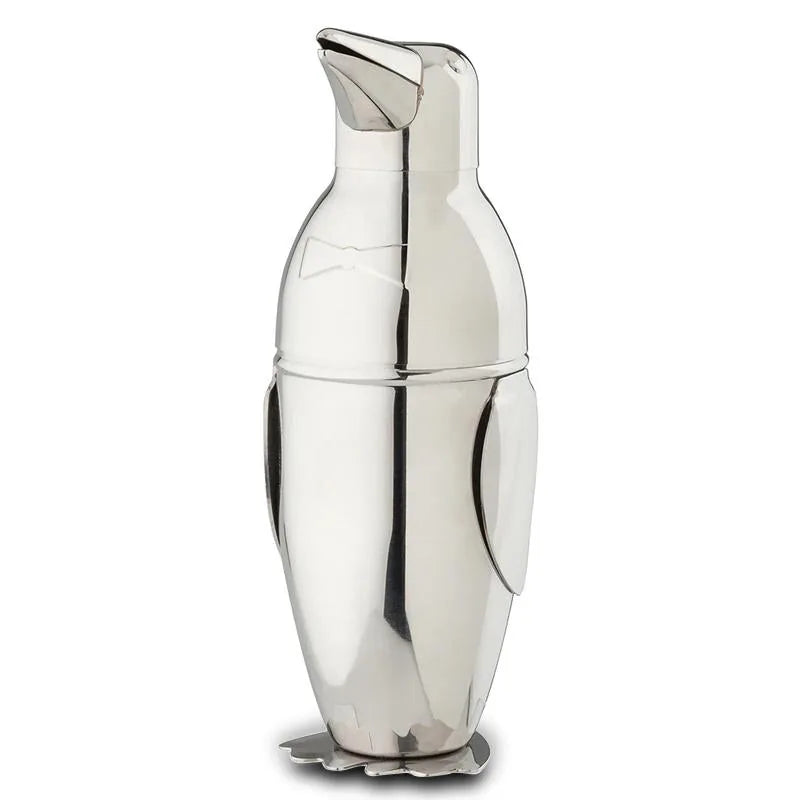 Shaker à cocktail design pingouin en inox poli, vue complète assemblée sur fond blanc.