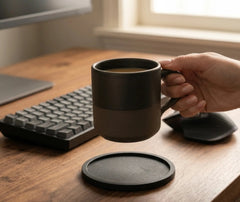 Sous-verre incassable noir posé sur un bureau en bois avec une tasse de café tenue à la main près d'un clavier