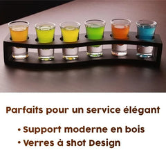 Visuel promotionnel montrant le support rempli de shots colorés avec le texte Parfaits pour un service élégant, support moderne en bois, verres à shot design.