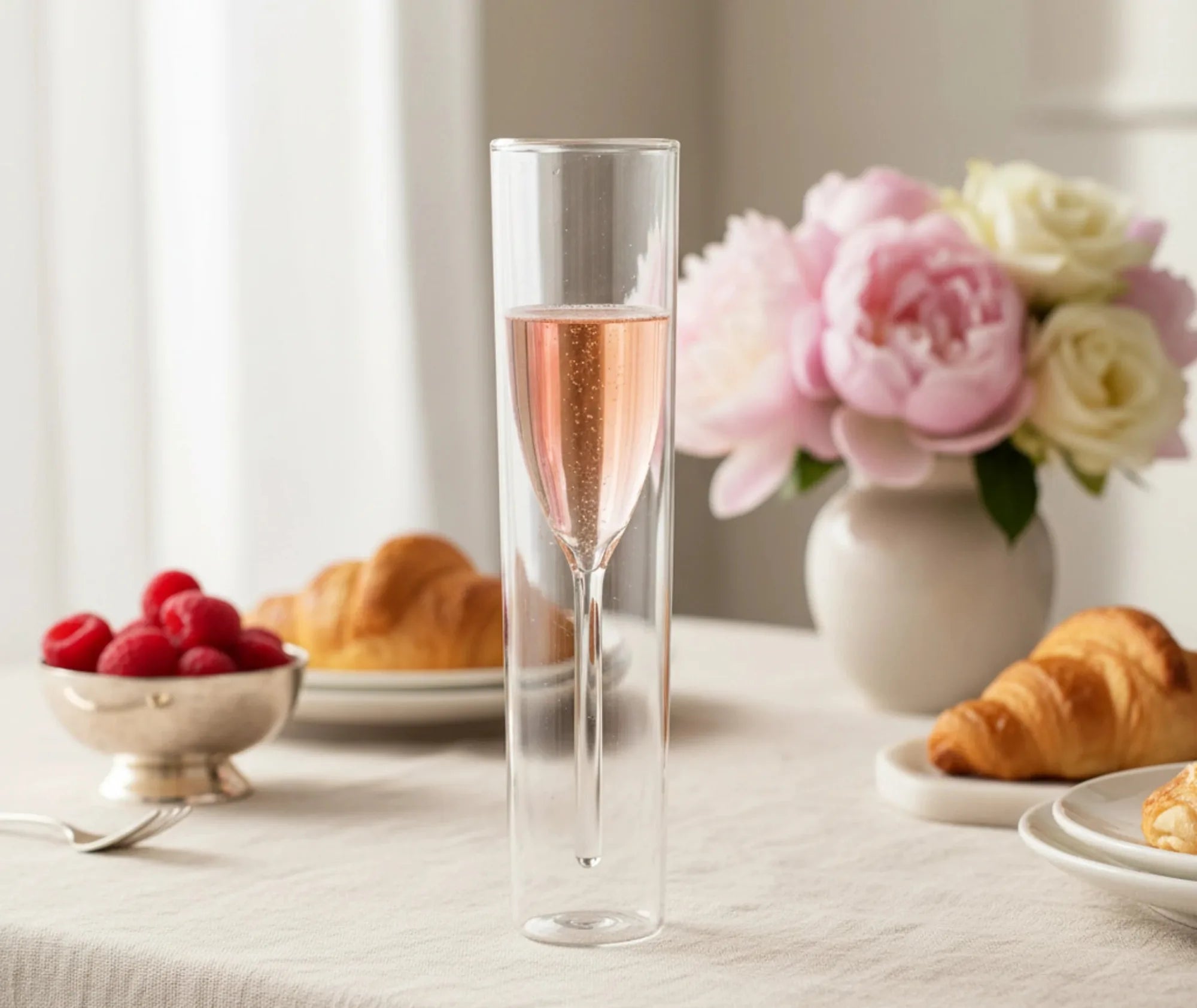 Verre à champagne original rempli de champagne rosé, posé sur une table de petit-déjeuner avec croissants, framboises et fleurs