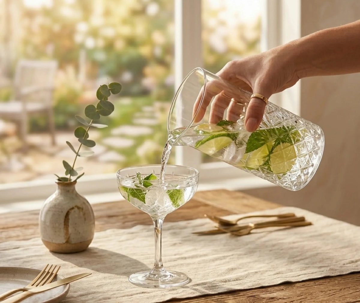 Verre à mélange en cristal utilisé pour verser un cocktail glacé au citron vert et à la menthe dans une coupe, en extérieur