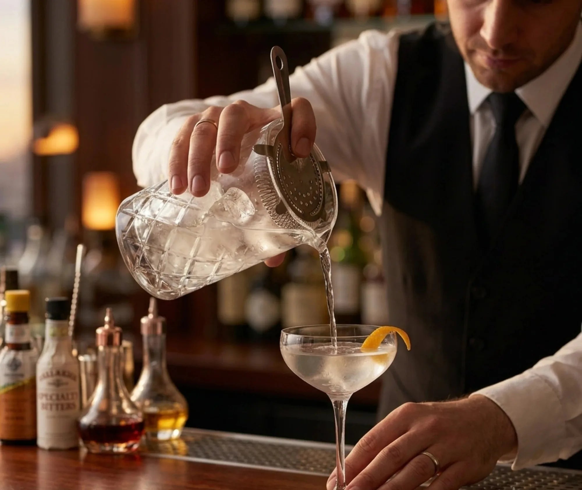 Barman versant un cocktail filtré depuis le verre à mélange japonais dans une coupe garnie d'un zeste d'orange