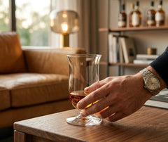 Une main tient le pied du verre à whisky posé sur une table basse en bois, dans un salon cosy avec canapé en cuir et bibliothèque de spiritueux en arrière-plan.