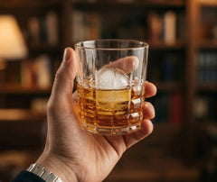 Main tenant le verre à whisky de bar avec un glaçon rond, dans une ambiance salon chaleureuse.