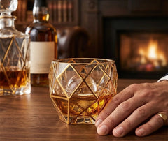 Verre à whisky de luxe avec glaçon sphérique, posé près d'une cheminée et d'une carafe en cristal