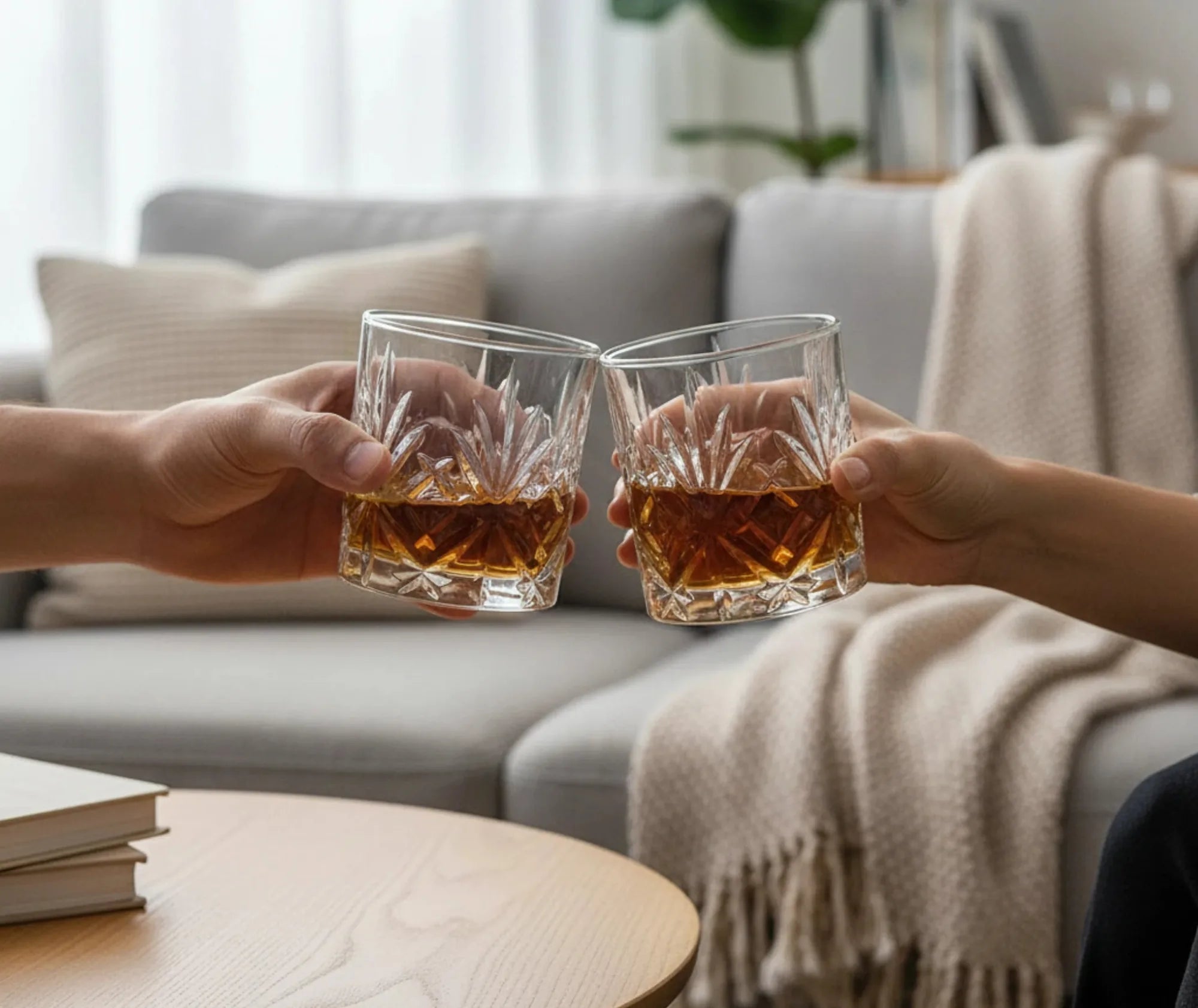 Deux personnes trinquant avec des verres à whisky vintage dans un salon cosy, plaid et coussins en arrière-plan.