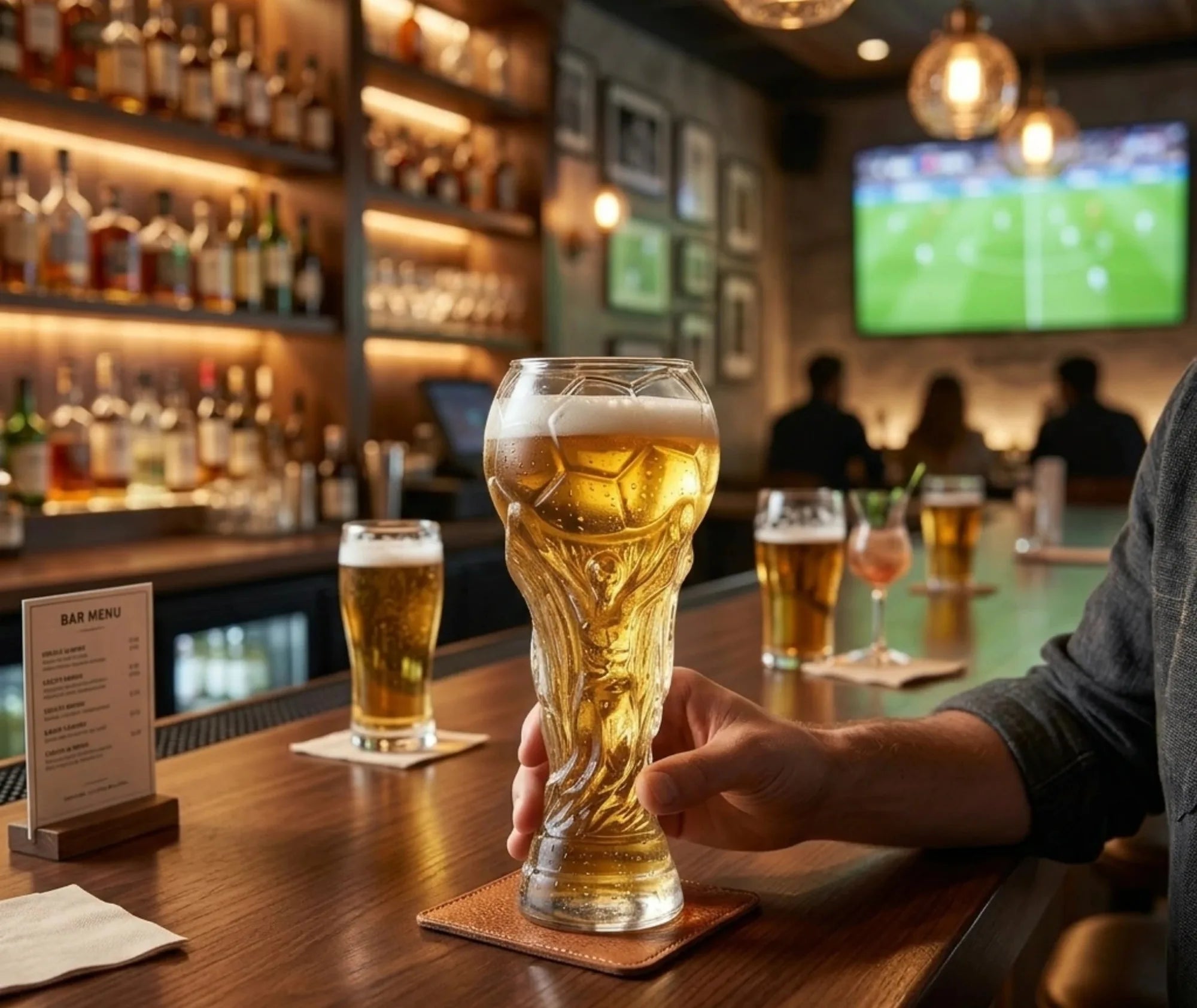 Verre Coupe du Monde tenu à la main dans un bar, match de football diffusé en arrière-plan
